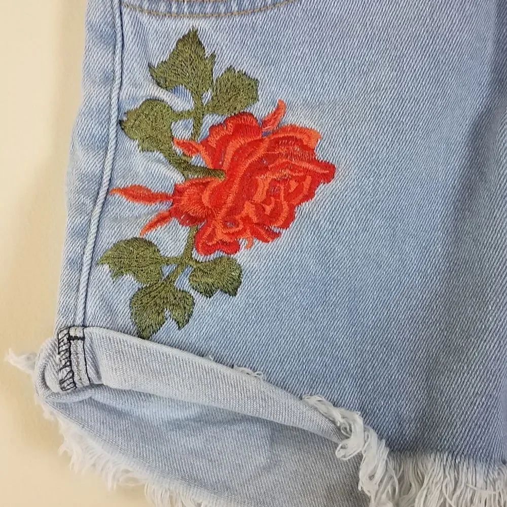 Vibrant M.I.U Rose Embroidered Denim Shorts